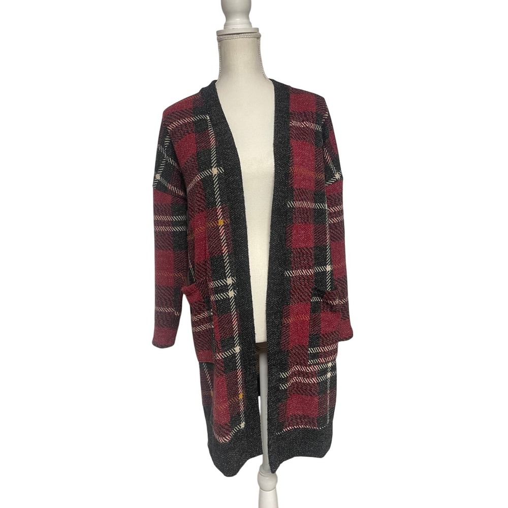 Visamor Holiday Plaid Open Front Long‎ Cardigan Sweater Women's Small